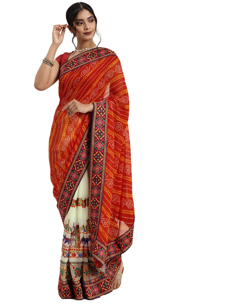 KAVINDI Women's Georgette Half & Half Bandhani Printed Saree With Unstitched Blouse