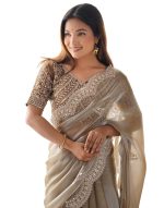 SIRIL Women's Organza Sequence Embroidery Scollped Border Saree With Unstitched Blouse Piece