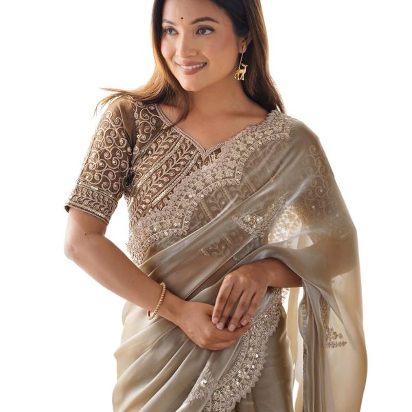 SIRIL Women's Organza Sequence Embroidery Scollped Border Saree With Unstitched Blouse Piece