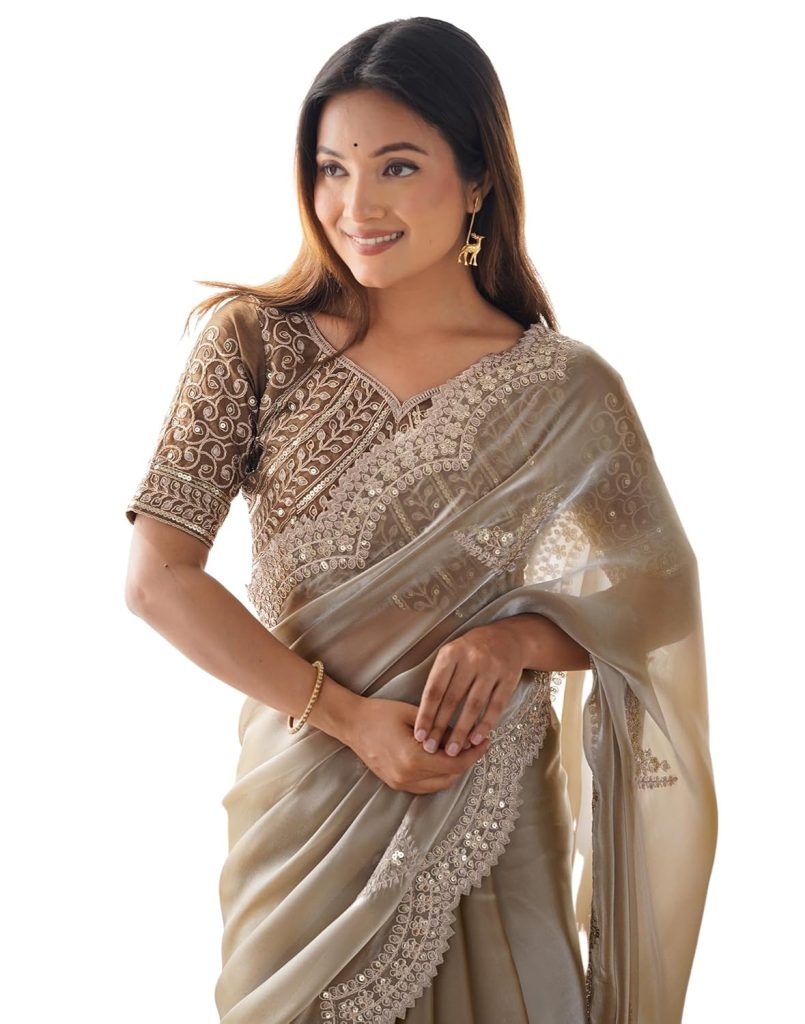 SIRIL Women's Organza Sequence Embroidery Scollped Border Saree With Unstitched Blouse Piece