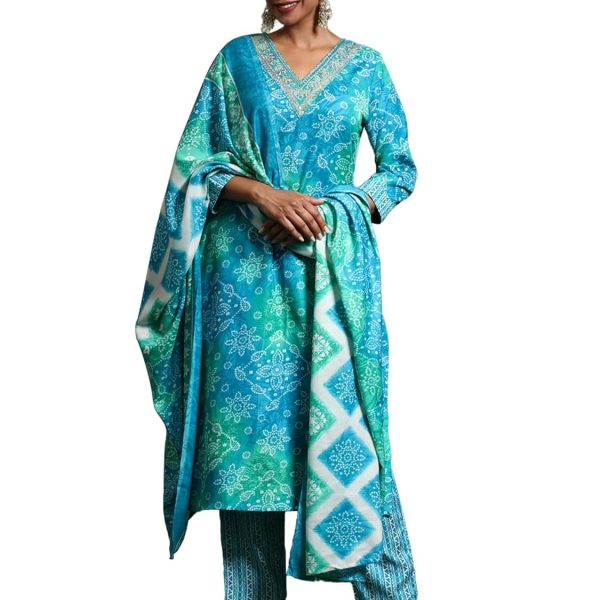 Varanga Women Bandhani Printed V Neck Kurta with Trouser & Dupatta