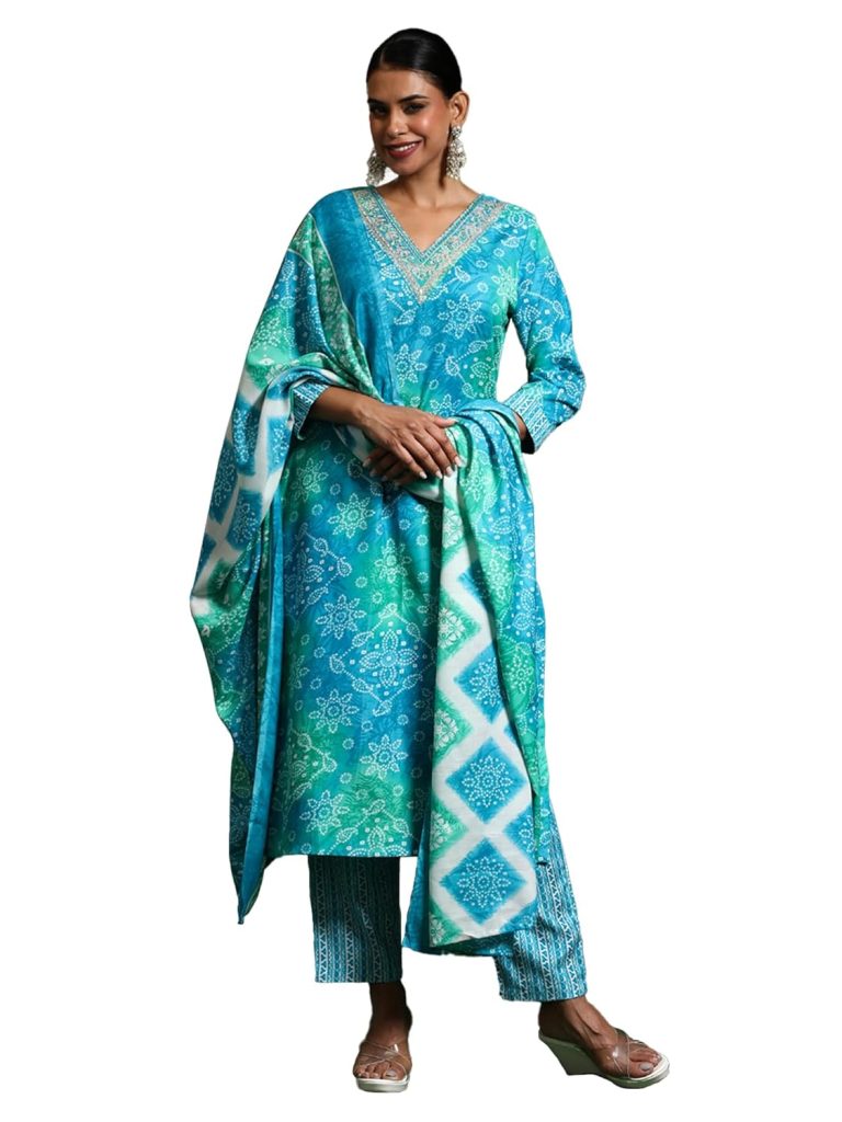 Varanga Women Bandhani Printed V Neck Kurta with Trouser & Dupatta