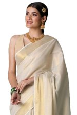 DhevStylish Women's Kerala Kasavu Golden Tissue Plain Saree with Running Blouse | Saree length: 6.25 Meters | Blouse: Running Blouse only