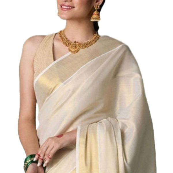 DhevStylish Women's Kerala Kasavu Golden Tissue Plain Saree with Running Blouse | Saree length: 6.25 Meters | Blouse: Running Blouse only