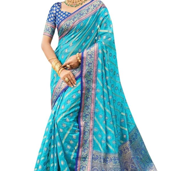 SGF11 Women's Organza Kanjivaram Pure Soft Silk Handloom Saree Pure Golden Zari With Blouse Piece