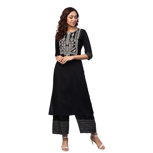 idaLia Women's Embroidered Black Rayon Kurta with Palazzo Pants