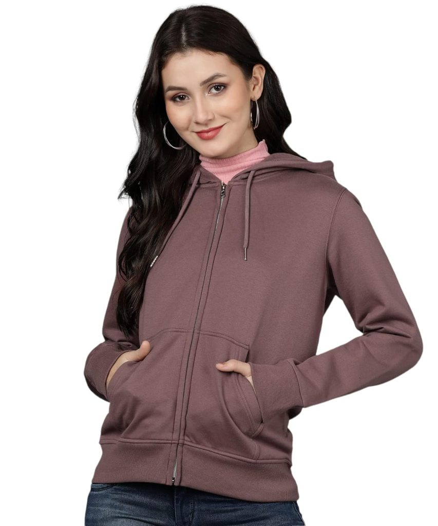 Alan Jones Clothing Women's Solid Zipper Hooded Sweatshirt | Front Zip, Ribbed Hem, Lined Hood, Casual Winter Wear