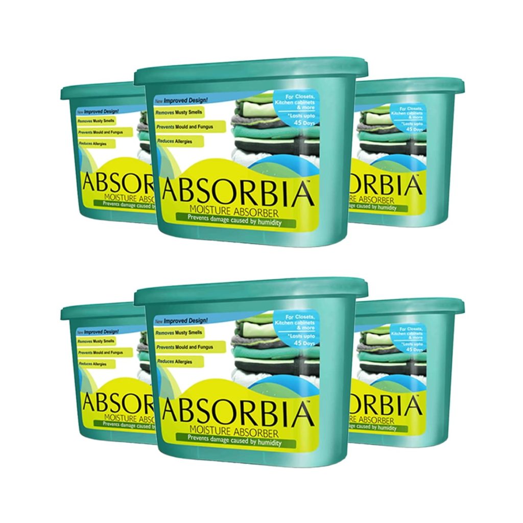 Absorbia Moisture Absorber | Classic Pack of 6 (600ml Each) | Moisture Absorber for Wardrobe | Dehumidifier for Room Moisture | Air Freshener for Room, Toilet | Compact Size | Moisture Absorbers