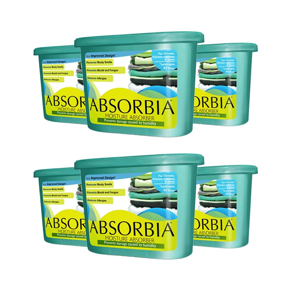 Absorbia Moisture Absorber | Classic Pack of 6 (600ml Each) | Moisture Absorber for Wardrobe | Dehumidifier for Room Moisture | Air Freshener for Room, Toilet | Compact Size | Moisture Absorbers