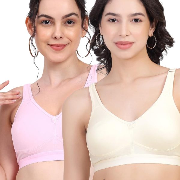 RACOS Non Padded Wire Free Full Coverage Broad Strap Heavy Bust Everyday T-Shirt Cotton Bra for Women B Cup in Multicolor for Daily Use