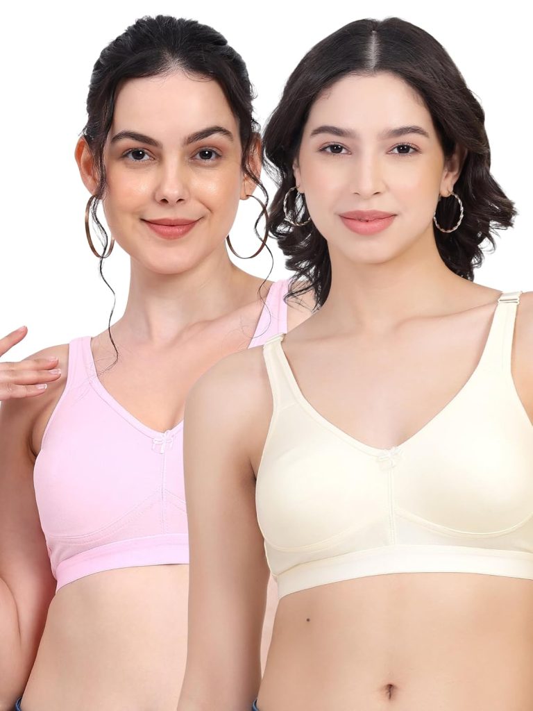 RACOS Non Padded Wire Free Full Coverage Broad Strap Heavy Bust Everyday T-Shirt Cotton Bra for Women B Cup in Multicolor for Daily Use