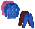 IndiWeaves Girls Cotton Full Sleeves Printed T-Shirt and Fleece Warm Lower Track Pants for Winters (Pink,Blue,Marron,Blue,13-15 Years) Pack of 4