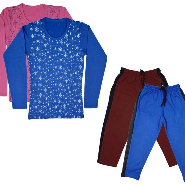 IndiWeaves Girls Cotton Full Sleeves Printed T-Shirt and Fleece Warm Lower Track Pants for Winters (Pink,Blue,Marron,Blue,13-15 Years) Pack of 4