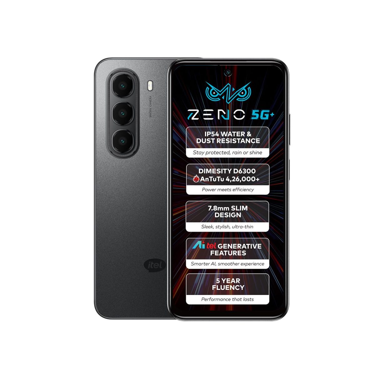 ZENO 5G AI Smartphone | 4GB RAM 128GB ROM | IP54 Rated for Dust & Water Resistance | D6300 5G Processor | 6.7" HD+ 120Hz Punch-Hole Display | 50MP Camera | 5-Year Fluency | Shadow Black