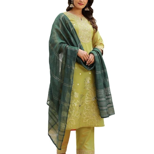 SIRIL Women's Taffeta Jacquard and Embroidery Work Straight Kurta Pant with Dupatta Set