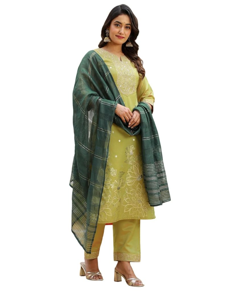 SIRIL Women's Taffeta Jacquard and Embroidery Work Straight Kurta Pant with Dupatta Set