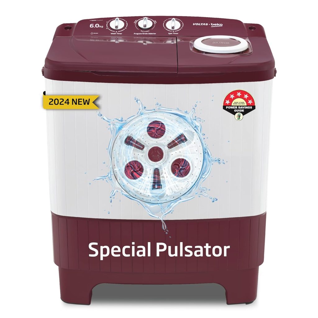 Voltas beko, A Tata Product 6 kg 5 Star Semi-Automatic Top Load Washing Machine With Air Dry (WTT60UNX/OK3R0R0W01, Burgundy, Special Pulsator Technology)