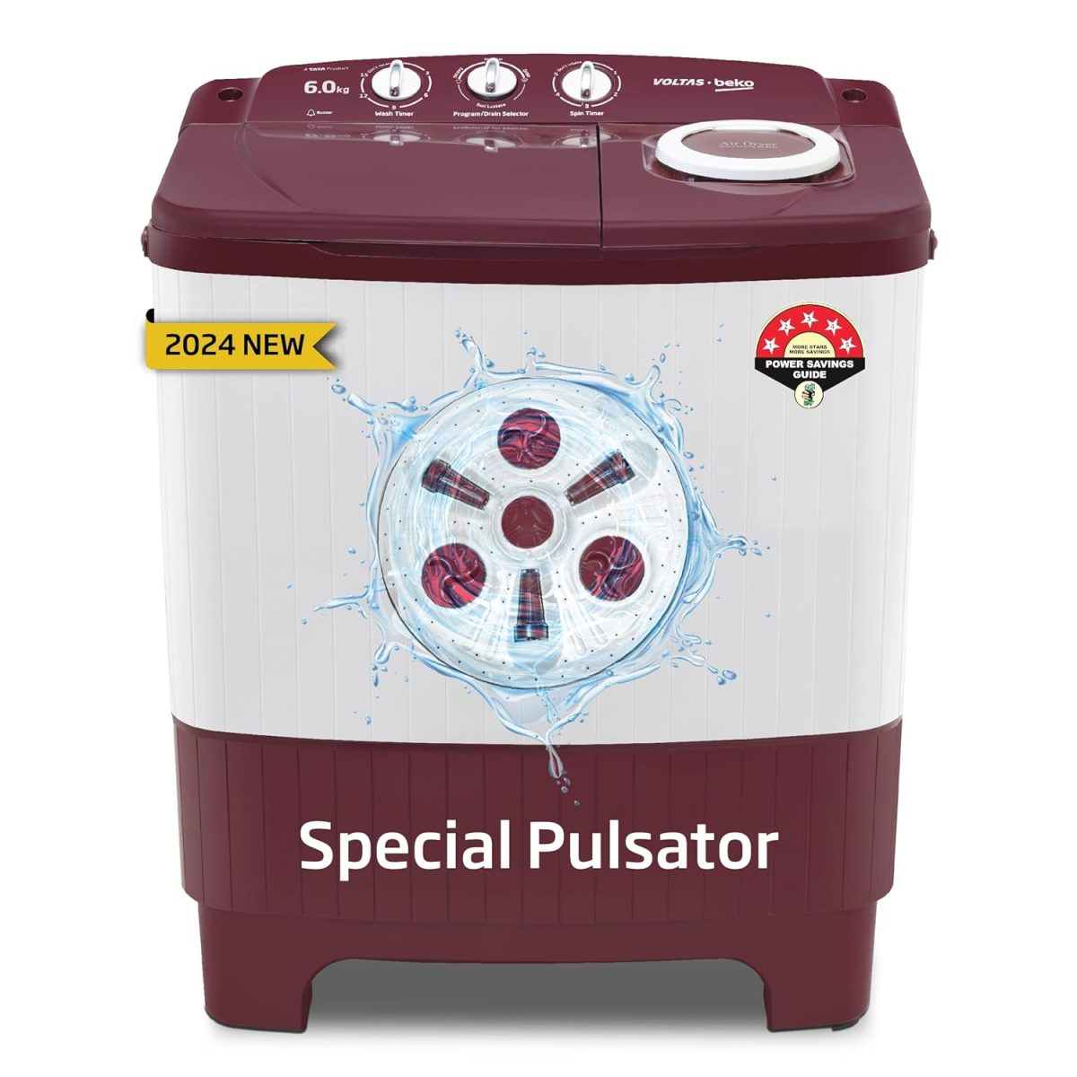 Voltas beko, A Tata Product 6 kg 5 Star Semi-Automatic Top Load Washing Machine With Air Dry (WTT60UNX/OK3R0R0W01, Burgundy, Special Pulsator Technology)