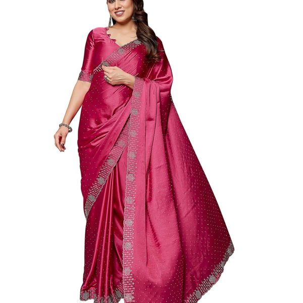 Yashika Women's Bollywood Satin Moss With Swarovski Stone Saree with Blouse |saree for Women | Silk Saree | New Sari | Latest Saree