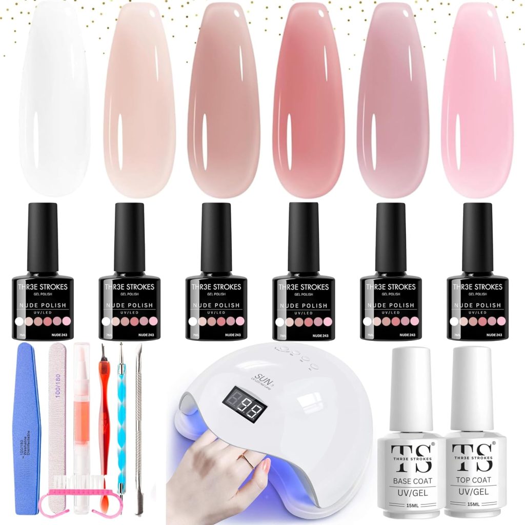 THR3E STROKES Gel Nail Polish Starter Kit With U V/LED Light, 6 Colors 48W Nail Dryer, Gel Base Top Coat Nail Art Tools, All-In-One Gift Kit, DIY Home/Salon Manicure Set, (WATERY NEED 3 LAYERS) (SD84)