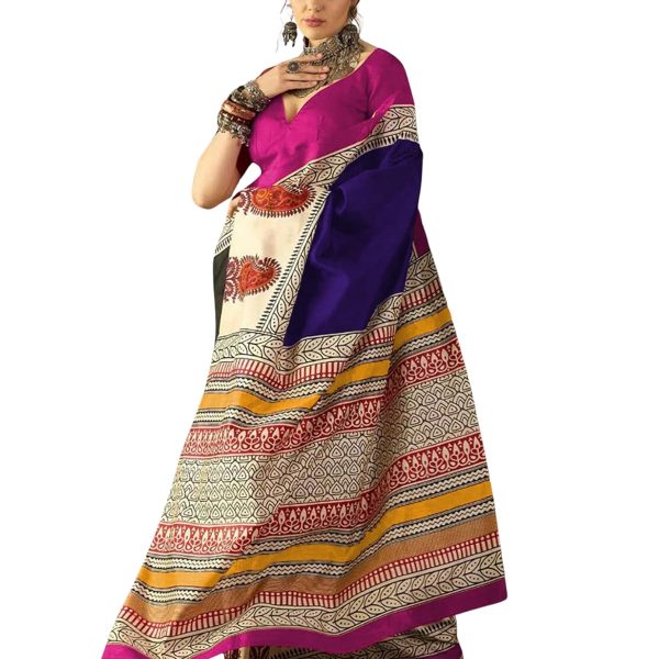 HMP Fashion Women's Ikat Hand Block Print Design Jaipuri Print Cotton Mulmul Saree with unstitch Blouse Piece
