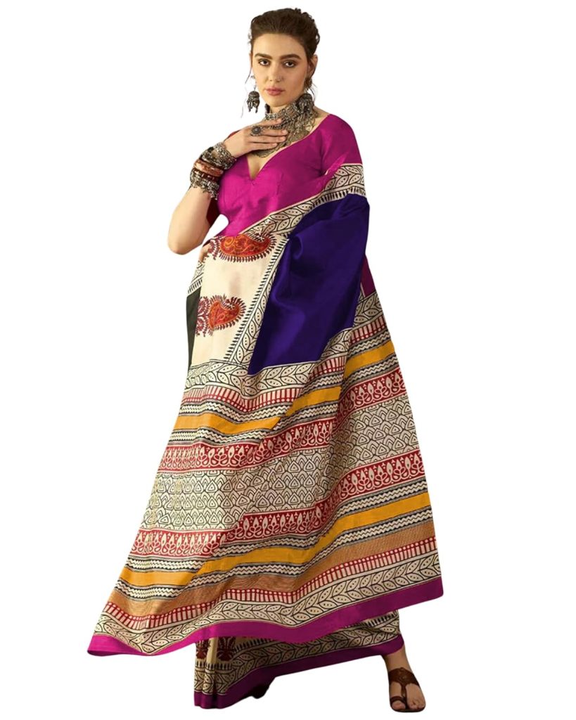 HMP Fashion Women's Ikat Hand Block Print Design Jaipuri Print Cotton Mulmul Saree with unstitch Blouse Piece