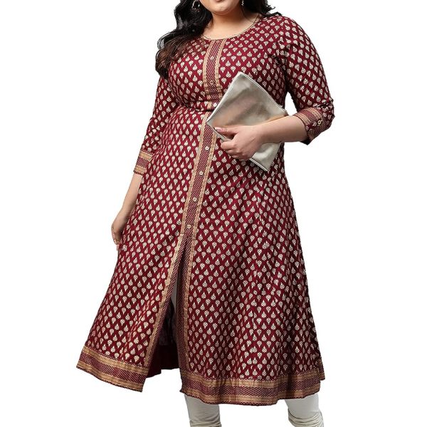 Yash Gallery Women's Rayon Relaxed Fit A Line Golden Floral Printed A-Line Kurta