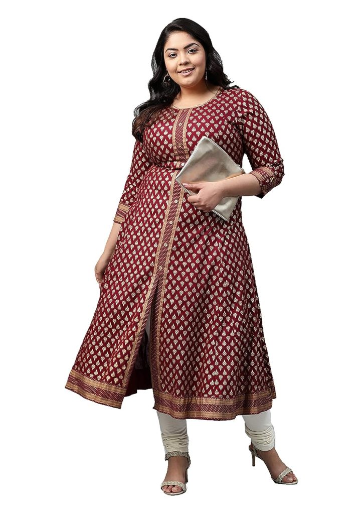 Yash Gallery Women's Rayon Relaxed Fit A Line Golden Floral Printed A-Line Kurta