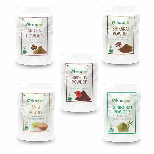 Hennahub Amla, Reetha, Shikakai, Bhringraj and Hibiscus Powder for Hair Growth & Hair Mask, 200g each (Combo Pack of 5)