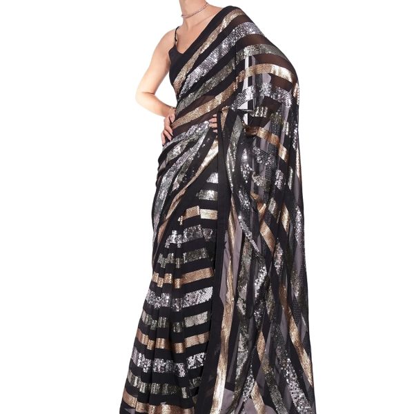 Pandadi Saree Women's Georgette Embroidery Sequance Work Saree With UnstitChed Blouse Piece