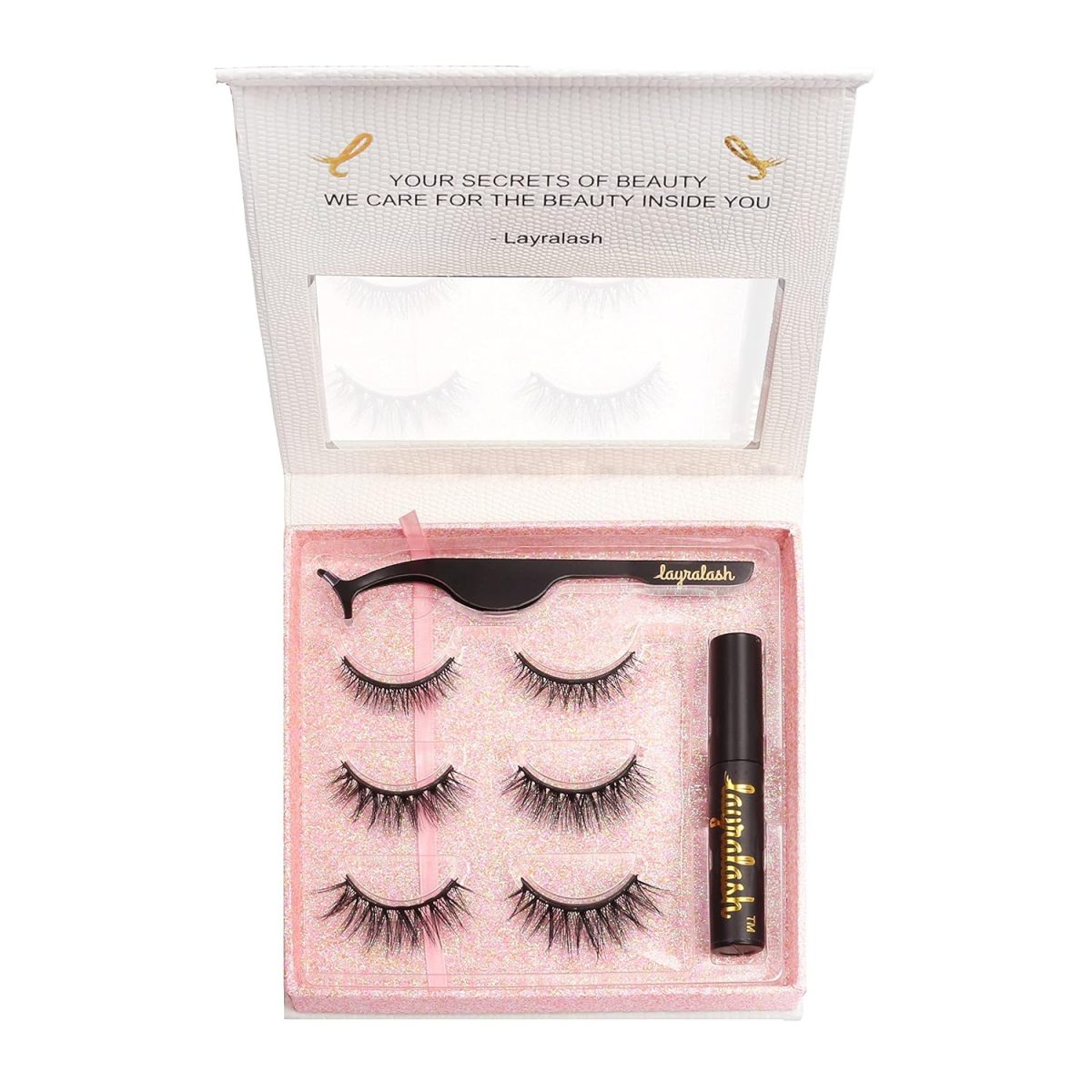 Layralash Magnetic False Eyelash Kit || Super Strong with Power of 10 Magnets || Waterproof Liquid EyeLiner || Simple & Coloured Eye Lashes || Reusable Lashes 3 Pairs with Applicator (Doll Pink)