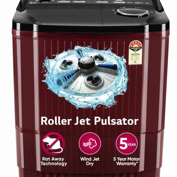 LG 11.5 kg, 5 Star, Roller Jet Pulsator with Soak, Wind Jet Dry Technology, Semi-Automatic Top Load Washing Machine (2025 Model, P115ASDAZ, Smart Filter & Rat Away feature)