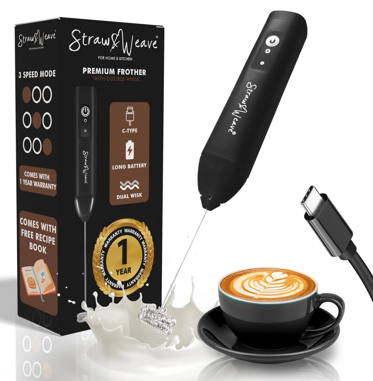 Coffee Frother Electric with Double Whisk | C Type Rechargeable Coffee Maker Machine for Home | 1 Year Warranty | Free Coffee Blender Recipe Book | Big Battery 1 Charge = 15 Days Use