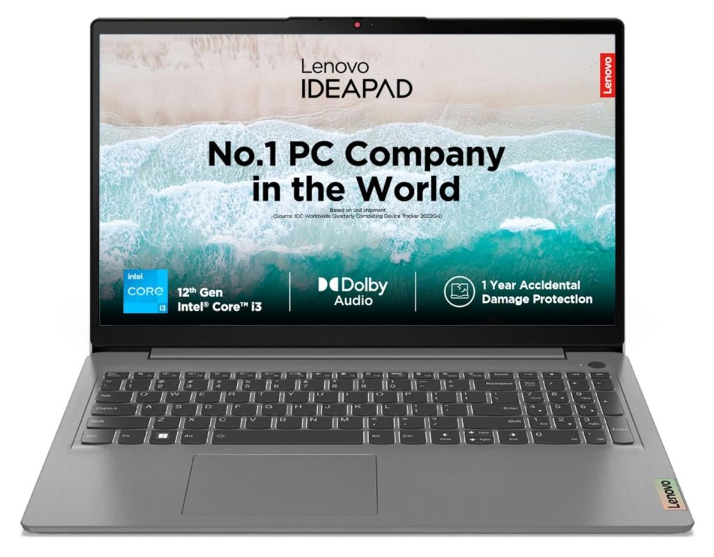 Lenovo IdeaPad Slim 3, Intel Core i3, 12th Gen, 8GB RAM, 512GB SSD, FHD, 15.6"/39.62cm, Windows 11, Office Home 2024, Arctic Grey, 1.63Kg, 82RK01ABIN, Intel UHD Graphics, 1Yr ADP Free Laptop