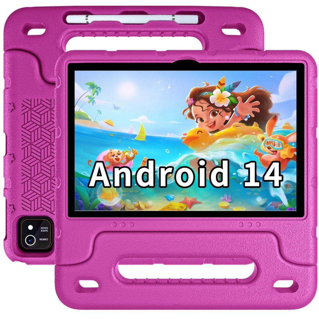 EDDBNi Kids Tablet Android 14 Tablet 10 Inch Kids Tablets with Case Quad Core 64GB Dual Camera Parental Control 2.4G WiFi Educational Tablets (Pink)