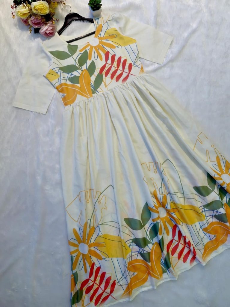 eightone Women Floral Print Cotton Midi Dress, Short Sleeve, White with Yellow and Red Flowers, A-Line Fit (in, Alpha, XL, White)