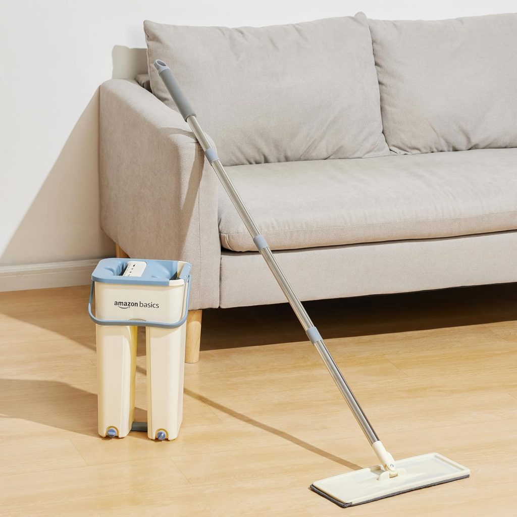 Amazon Basics Floor Mop With Bucket | Flat Squeeze Mechanism | 360° Flexible Head | 2 Reusable Pads | Clean Home Floor Cleaner Wipes (Single Dry Scraper 48'' With 2 Pads)
