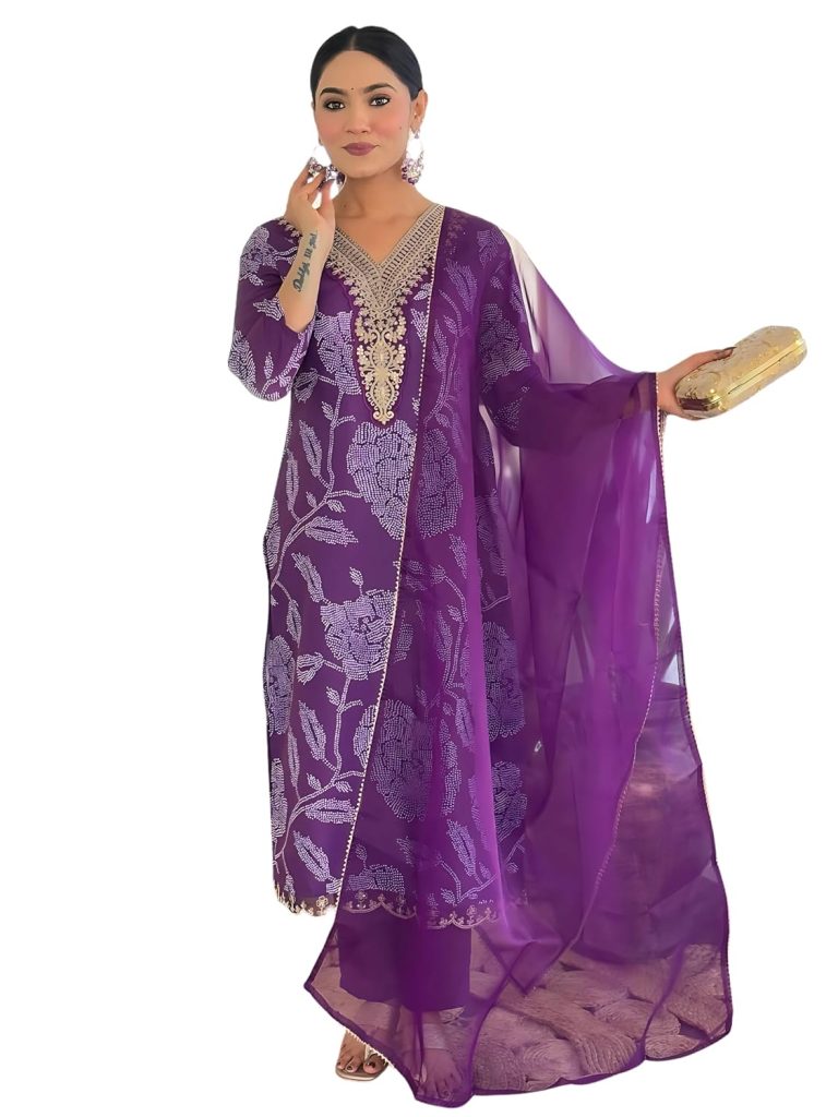 Naixa Women's Purple Rayon Embroidered Straight Kurta with Rayon Pant and Organza Laced Dupatta Sets (NX-713)