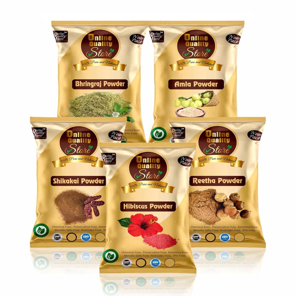 Online Quality Store Amla Reetha Shikakai, Bhringraj and Hibiscus Powder for Hair |Aritha|Ritha|Soapnuts|Indian Gooseberry |organic Bhringraj |Hibiscus /gudhal /gudhal fool powder(Pack of 5 ,50g each ,Total 250g Pack)