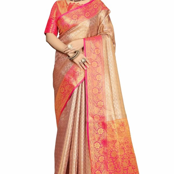 Sugathari Women's Gold and Pink kanjivaram banarasi silk saree for Patola festival Wedding silk with rich pallu Design sarees for women with blouse piece (Gold Star)