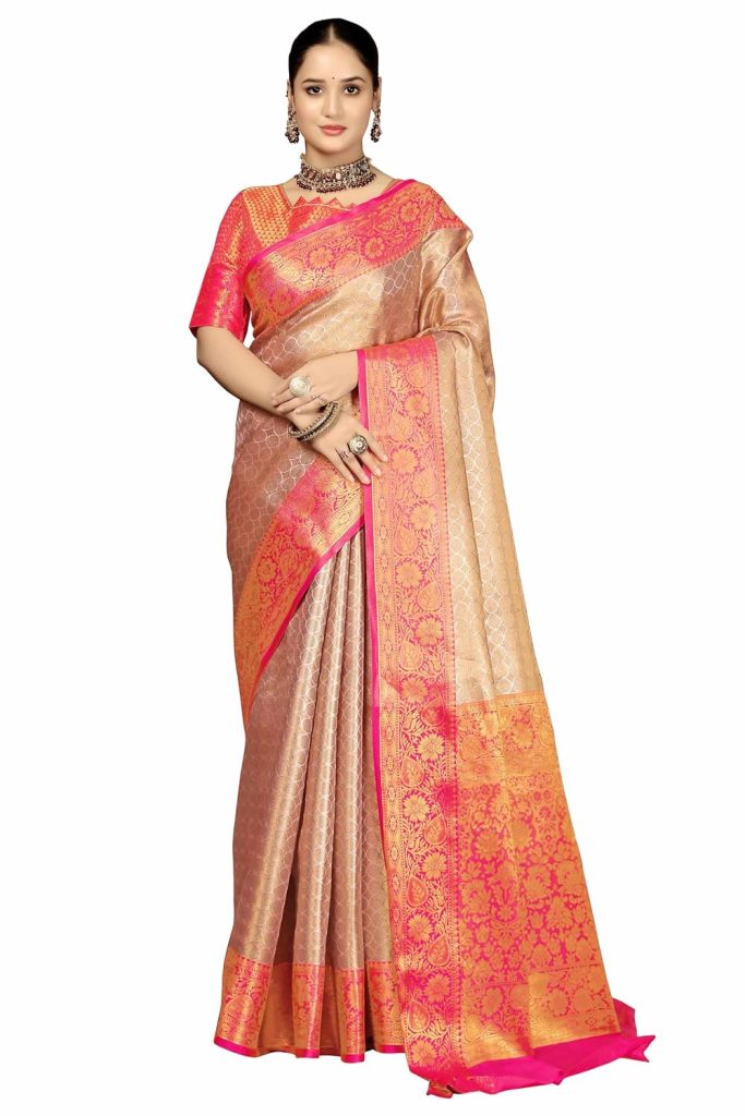Sugathari Women's Gold and Pink kanjivaram banarasi silk saree for Patola festival Wedding silk with rich pallu Design sarees for women with blouse piece (Gold Star)