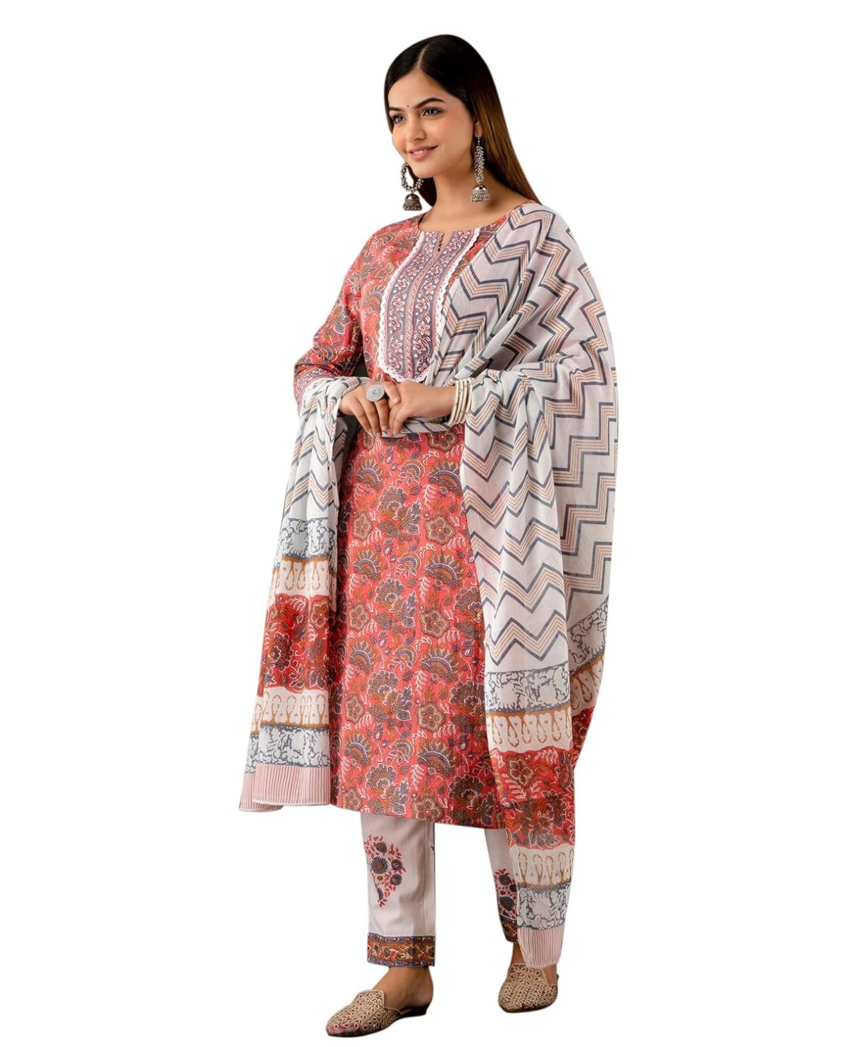 ROBOLOX Women's Cotton Printed Floral Straight Kurta with Pants and Dupatta