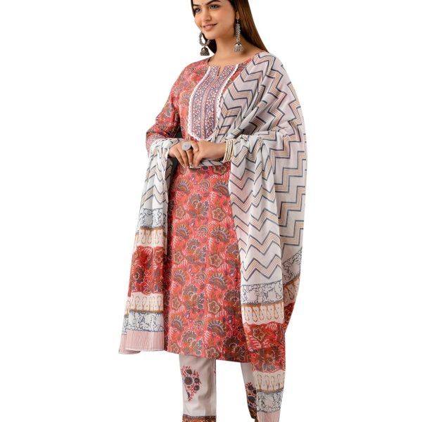ROBOLOX Women's Cotton Printed Floral Straight Kurta with Pants and Dupatta