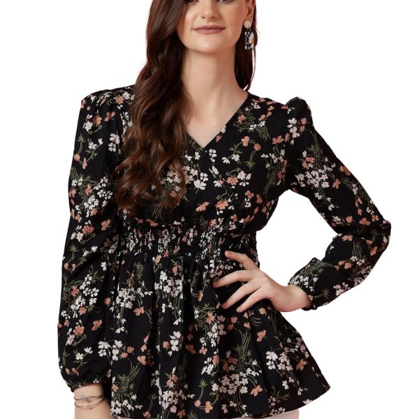 Sheetal Associates Women's Casual Puff Sleeves Floral Print Peplum Top