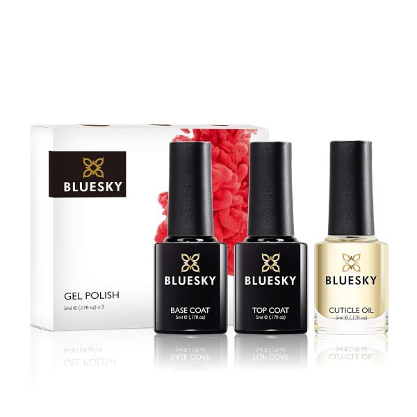 BLUESKY Gel Shiny Finish Nail Polish Set, Top Coat And Base Coat With Cuticle Oil. 3 X 5Ml. Top And Base (Requires Curing Under Uv/Led Lamp)