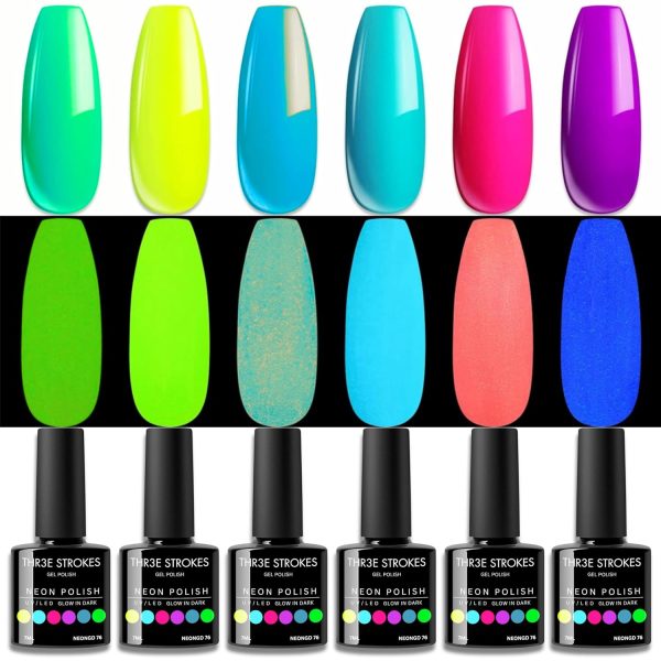 THR3E STROKES Gel Nail Polish Neon Gel Nail Polish Set Fluorescent Gel Polish Luminous Glow in Dark Gel Polish Orange Hot Pink Blue Yellow Green Purple Vibrant Spring Summer Gel Polish 7ML (UV/LED LIGHT REQUIRED)