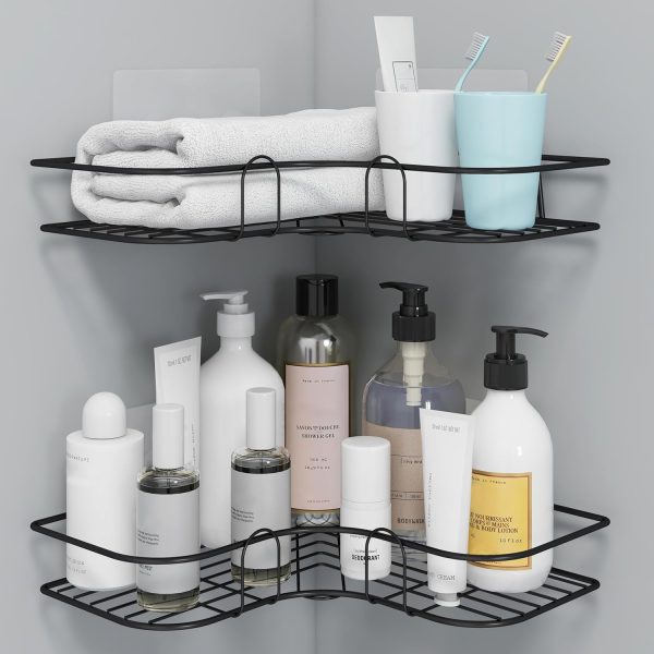 Plantex Drill Free Corner Shelf for Bathroom Wall/Bathroom Organizer Without Drill/Kitchen Shelf/ - Pack of 2 (Black,CED Powder Coated)