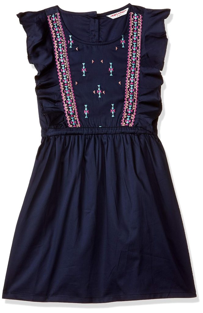 Amazon Brand - Jam & Honey Empire Waist Girls 100% Cotton Printed Knee Length One Piece Dress | Age 2-12 Years