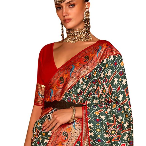 SAREE MALL Women's Woven Design Peacock Pure Patola Silk Saree With Unstitched Blouse Piece