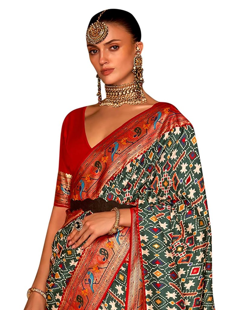 SAREE MALL Women's Woven Design Peacock Pure Patola Silk Saree With Unstitched Blouse Piece
